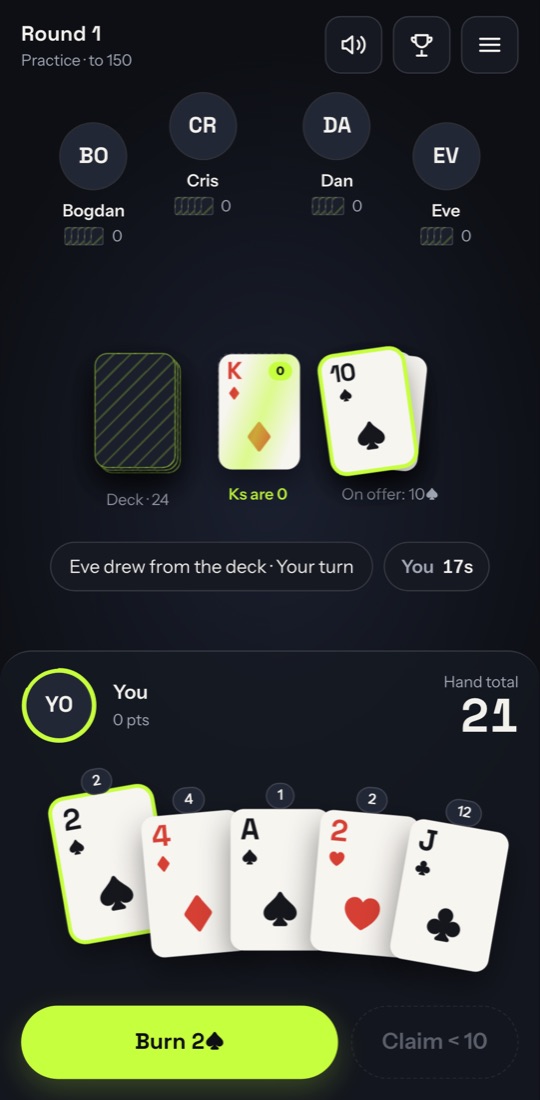 Claims game table with cards in play